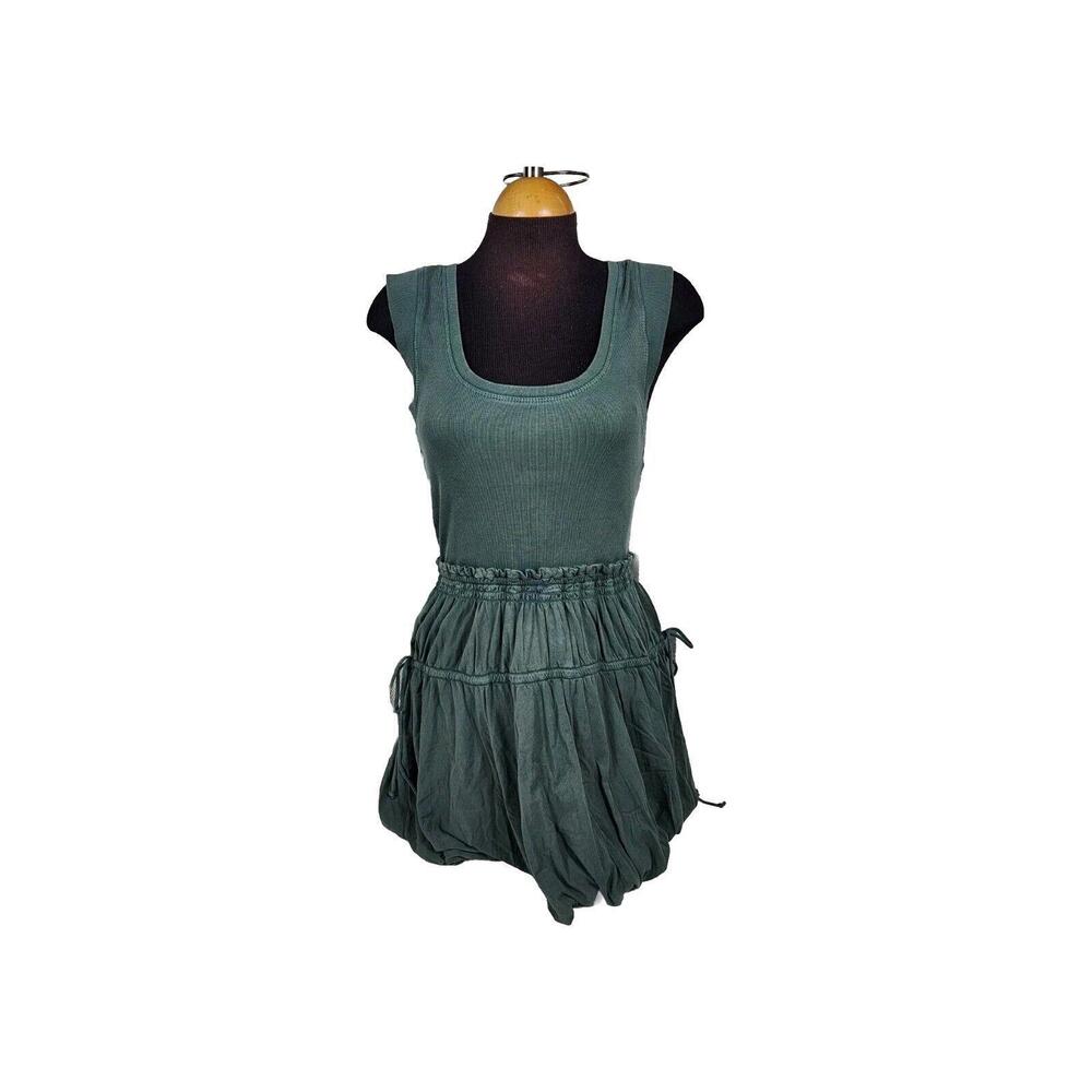 Anthropologie Daily Practice Summer Bubble Mini Dress Solid Green Ribbed Size M
